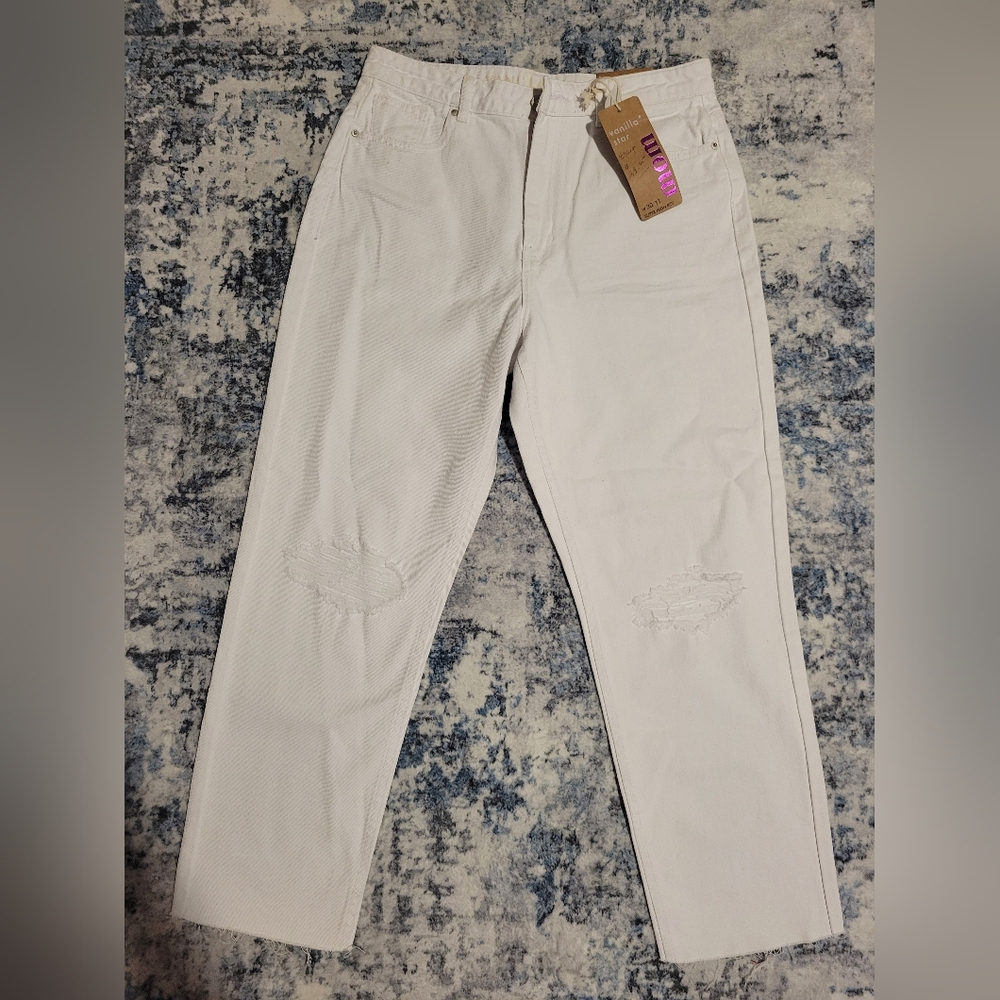 Vanilla Star White Mom Jeans High Rise Tapered Distressed- Size 11 New
